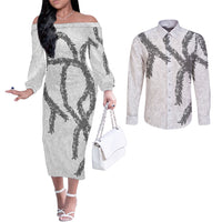 Hawaii Maile Lei Couples Matching Off The Shoulder Long Sleeve Dress and Long Sleeve Button Shirt Aloha The Grey Color LT03 Grey - Polynesian Pride