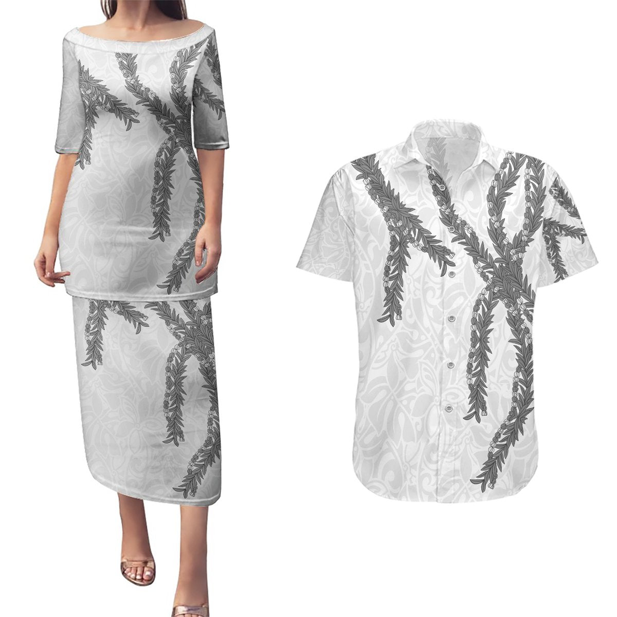 Hawaii Maile Lei Couples Matching Puletasi and Hawaiian Shirt Aloha The Grey Color LT03 Grey - Polynesian Pride