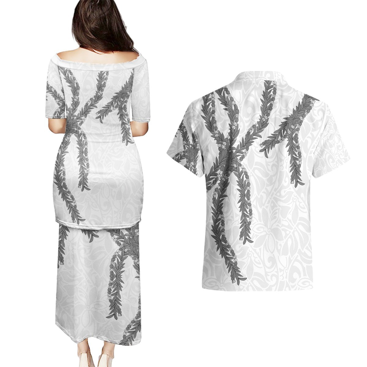 Hawaii Maile Lei Couples Matching Puletasi and Hawaiian Shirt Aloha The Grey Color LT03 - Polynesian Pride
