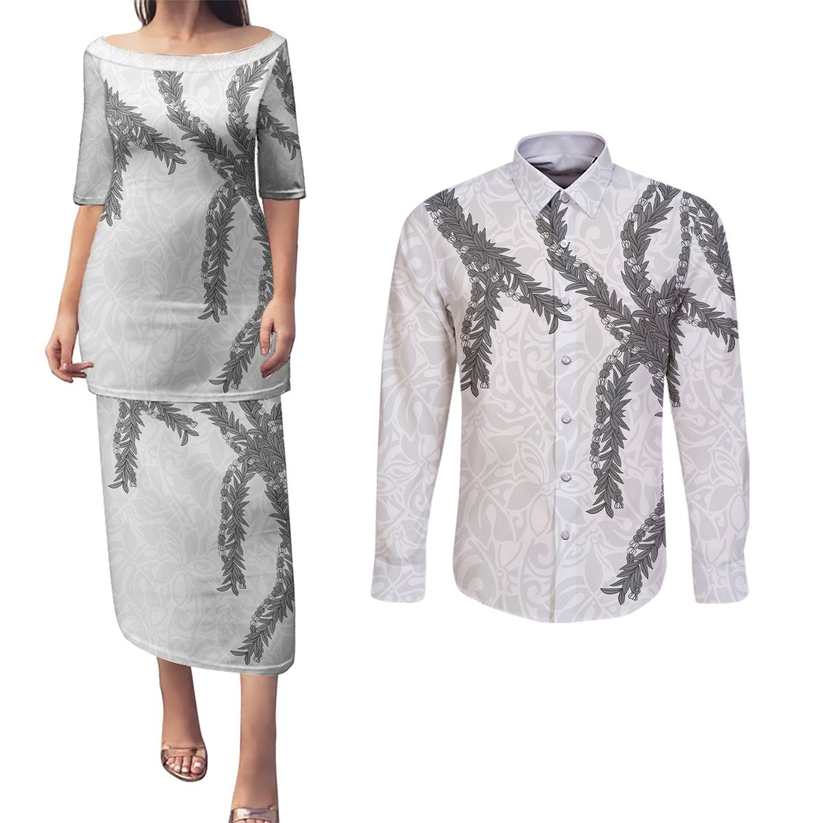 Hawaii Maile Lei Couples Matching Puletasi and Long Sleeve Button Shirt Aloha The Grey Color LT03 Grey - Polynesian Pride
