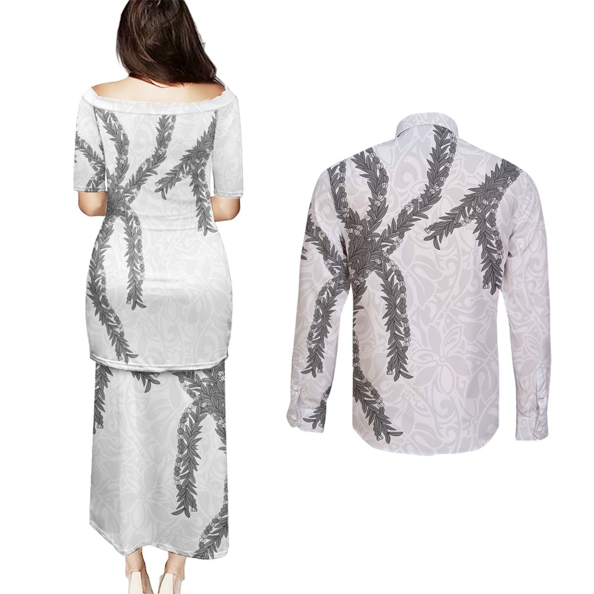 Hawaii Maile Lei Couples Matching Puletasi and Long Sleeve Button Shirt Aloha The Grey Color LT03 - Polynesian Pride