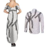 Hawaii Maile Lei Couples Matching Summer Maxi Dress and Long Sleeve Button Shirt Aloha The Grey Color LT03 - Polynesian Pride