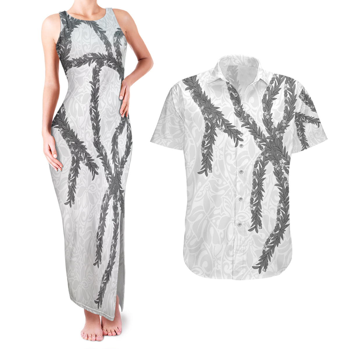 Hawaii Maile Lei Couples Matching Tank Maxi Dress and Hawaiian Shirt Aloha The Grey Color LT03 Grey - Polynesian Pride