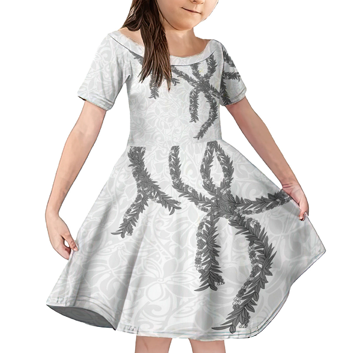 Hawaii Maile Lei Family Matching Long Sleeve Bodycon Dress and Hawaiian Shirt Aloha The Grey Color LT03 Daughter's Dress Grey - Polynesian Pride