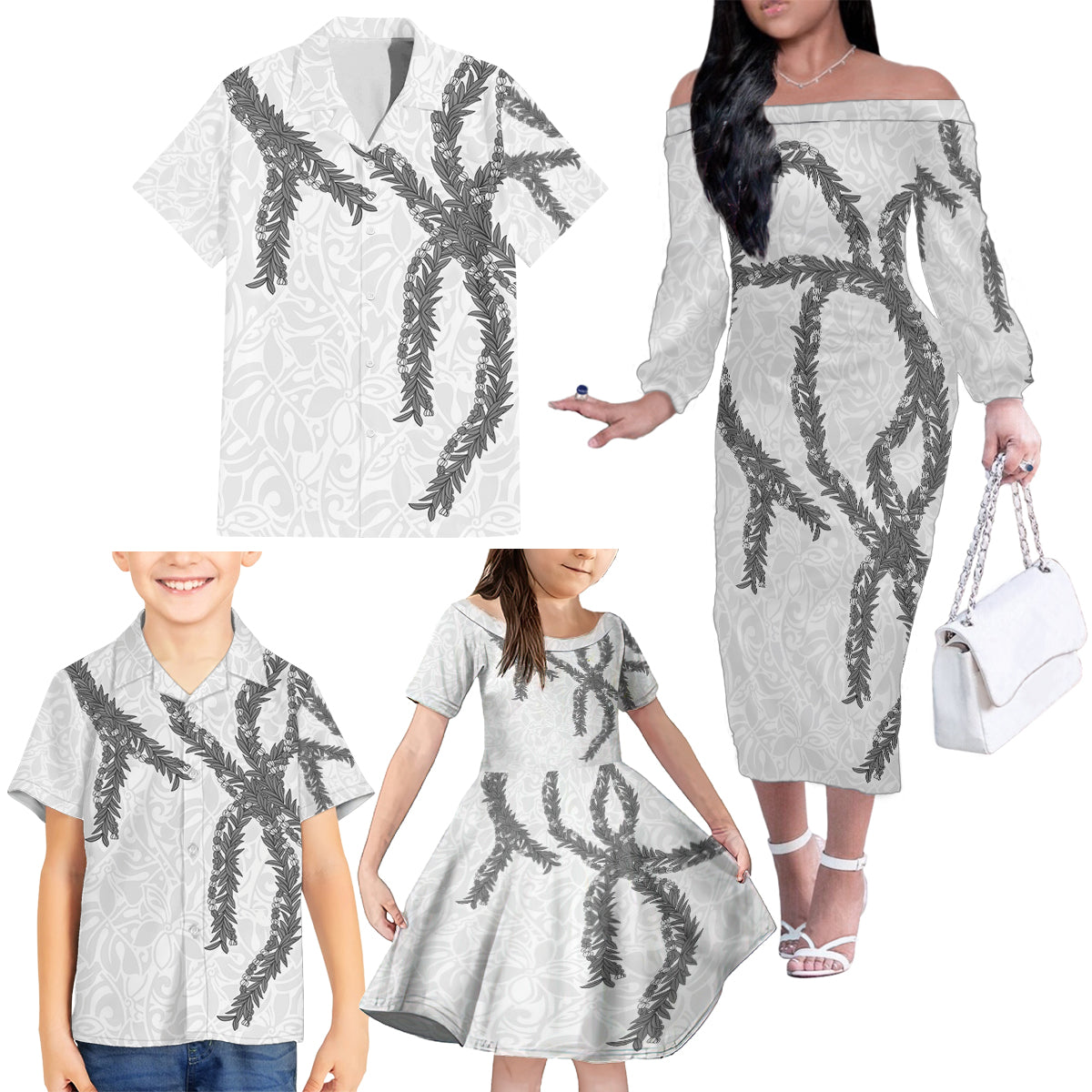 Hawaii Maile Lei Family Matching Off The Shoulder Long Sleeve Dress and Hawaiian Shirt Aloha The Grey Color