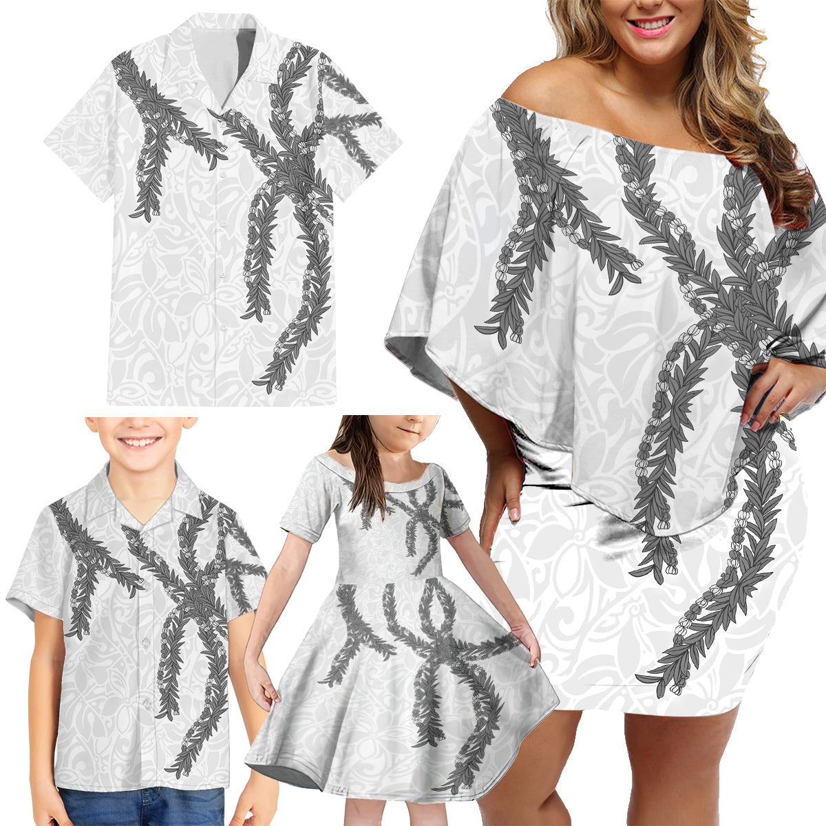 Hawaii Maile Lei Family Matching Off Shoulder Short Dress and Hawaiian Shirt Aloha The Grey Color