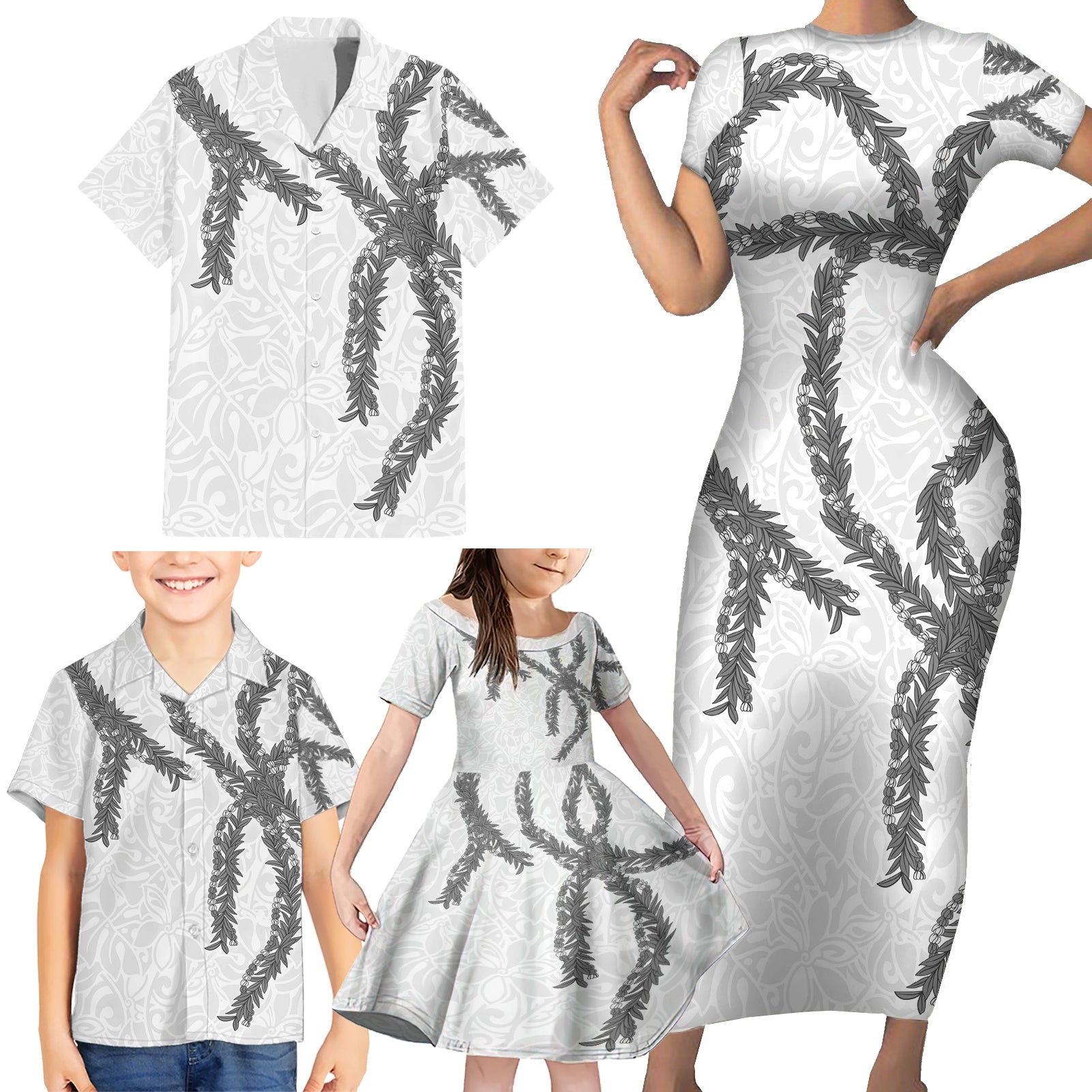 Hawaii Maile Lei Family Matching Short Sleeve Bodycon Dress and Hawaiian Shirt Aloha The Grey Color