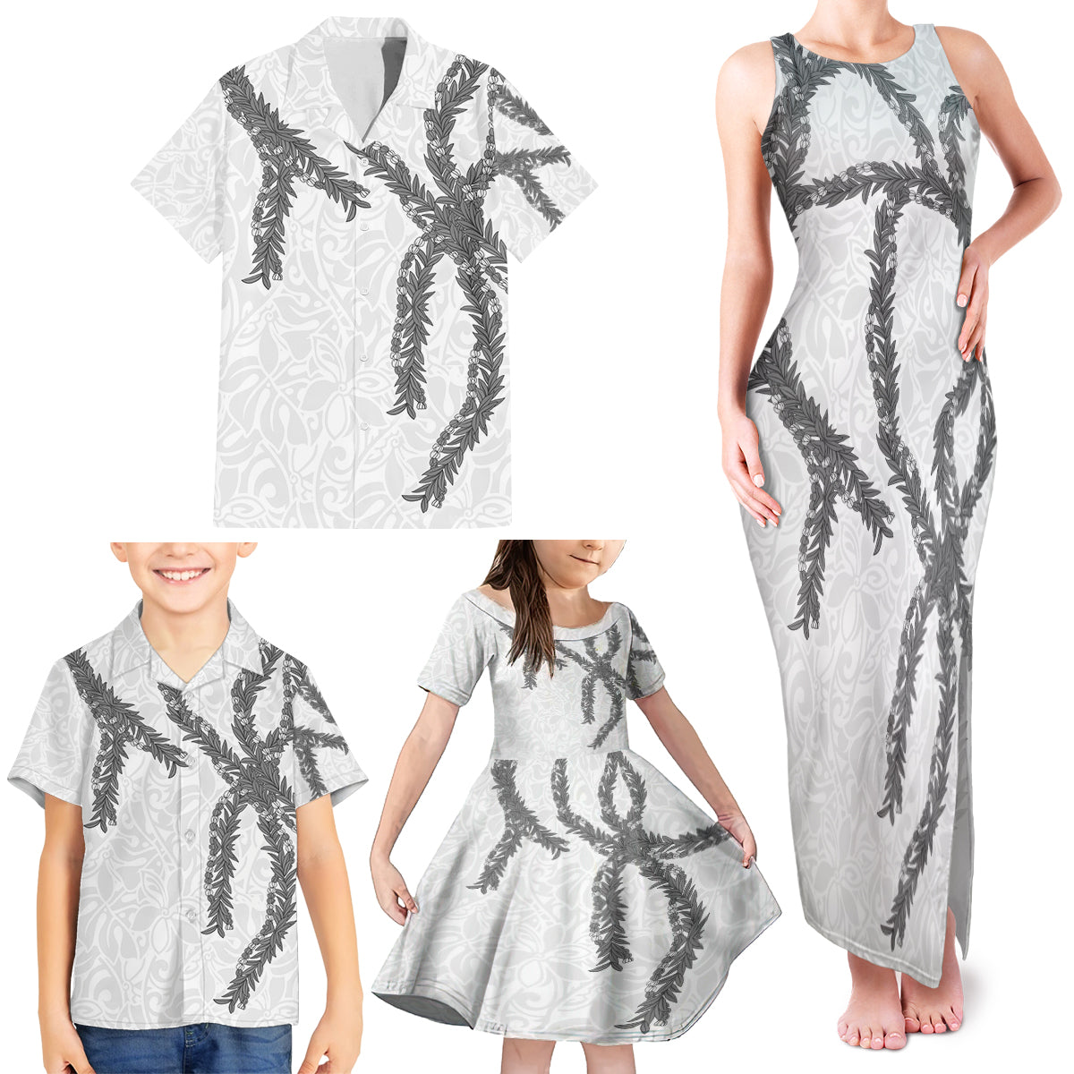 Hawaii Maile Lei Family Matching Tank Maxi Dress and Hawaiian Shirt Aloha The Grey Color LT03 - Polynesian Pride