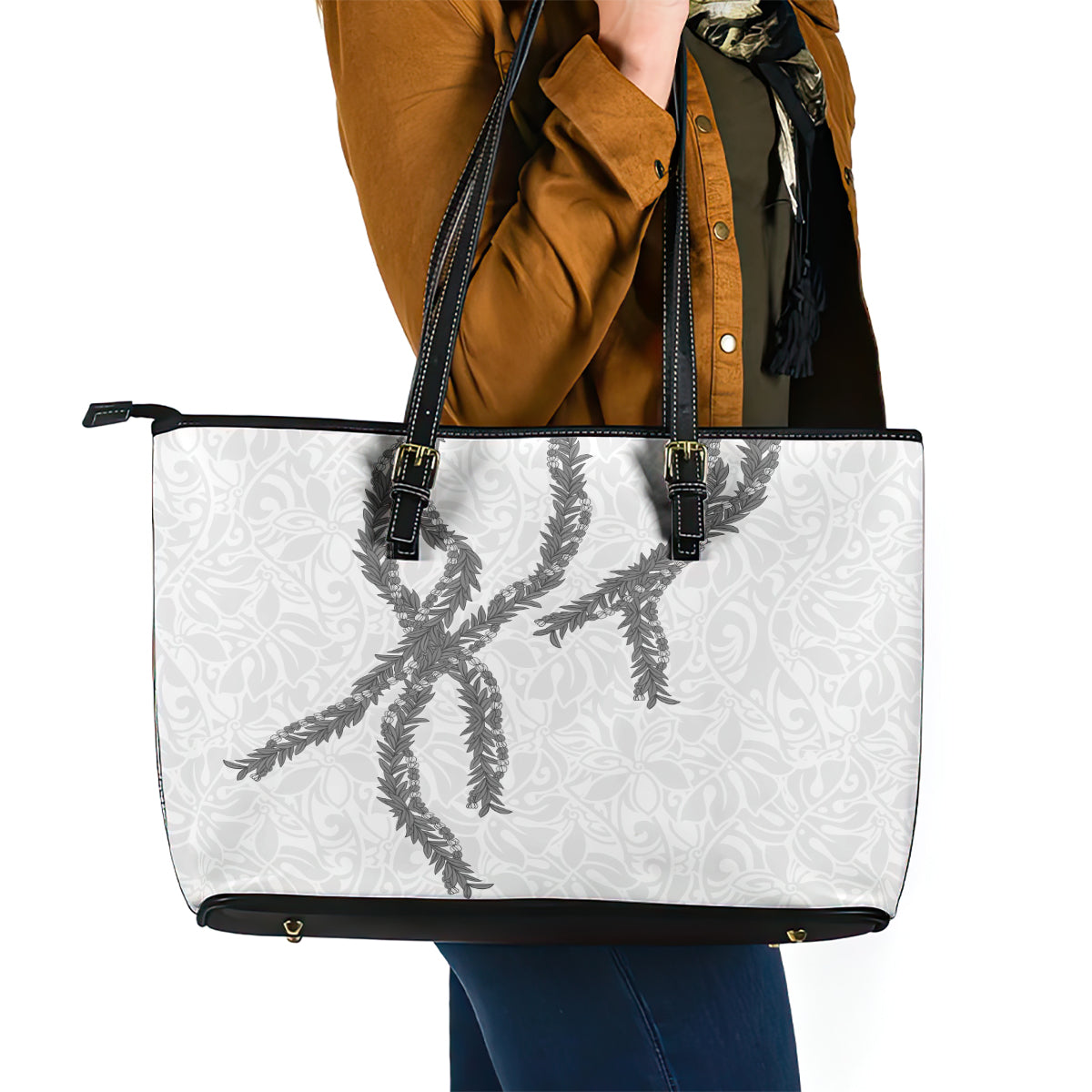 Hawaii Maile Lei Leather Tote Bag Aloha The Grey Color LT03 - Polynesian Pride