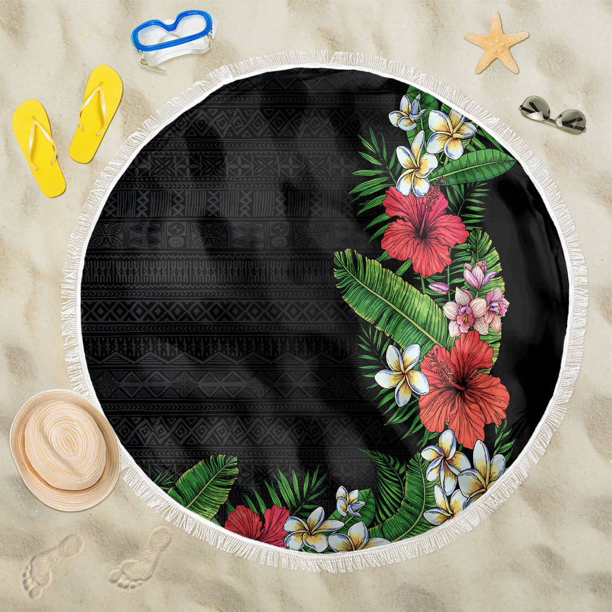 Hawaii Tropical Flowers and Leaves Beach Blanket Tapa Pattern Colorful Mode