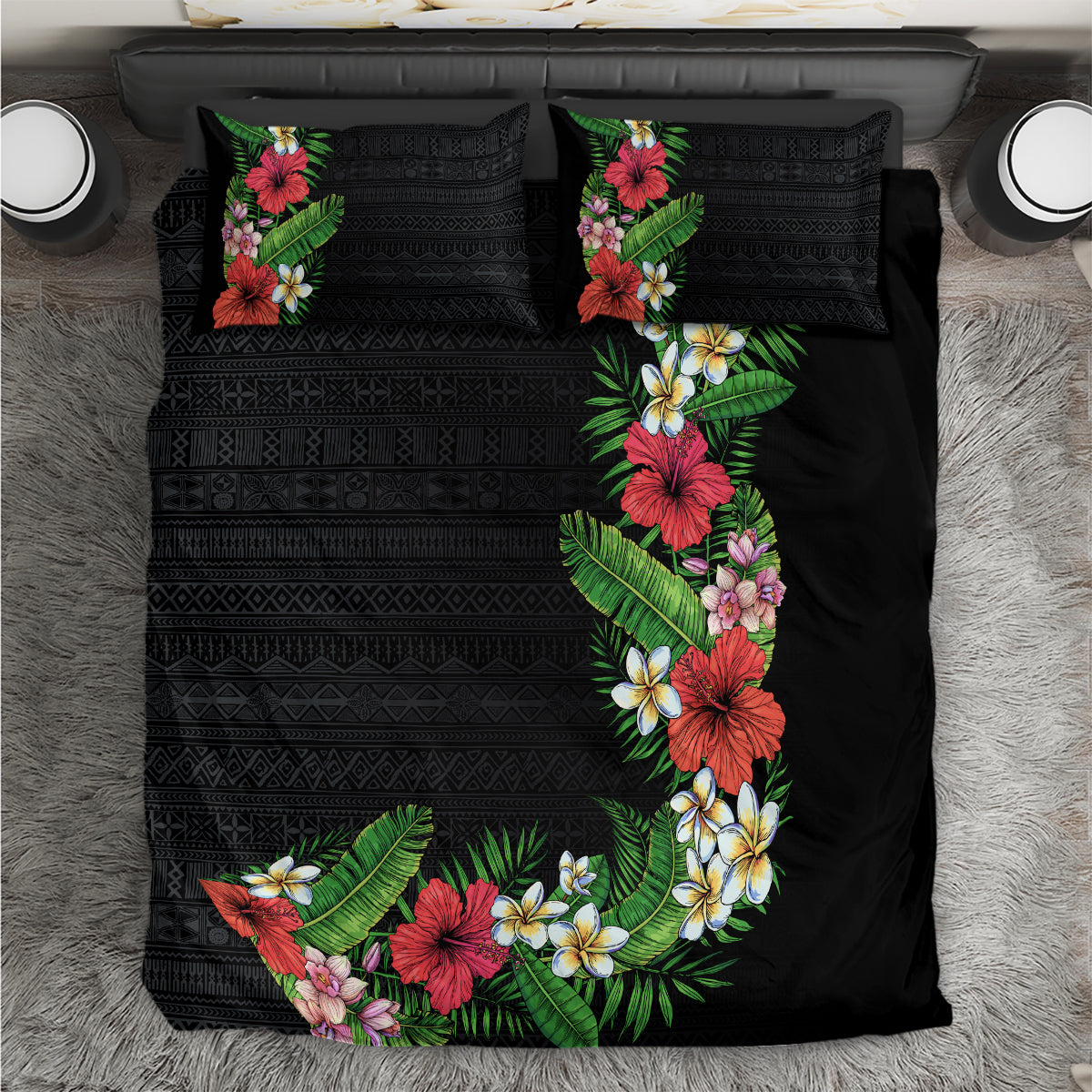 Hawaii Tropical Flowers and Leaves Bedding Set Tapa Pattern Colorful Mode LT03 Black - Polynesian Pride