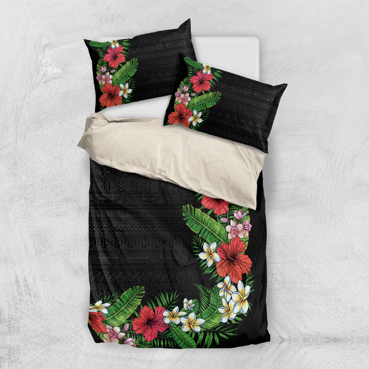 Hawaii Tropical Flowers and Leaves Bedding Set Tapa Pattern Colorful Mode LT03 US Twin 172cm x 218cm Black - Polynesian Pride