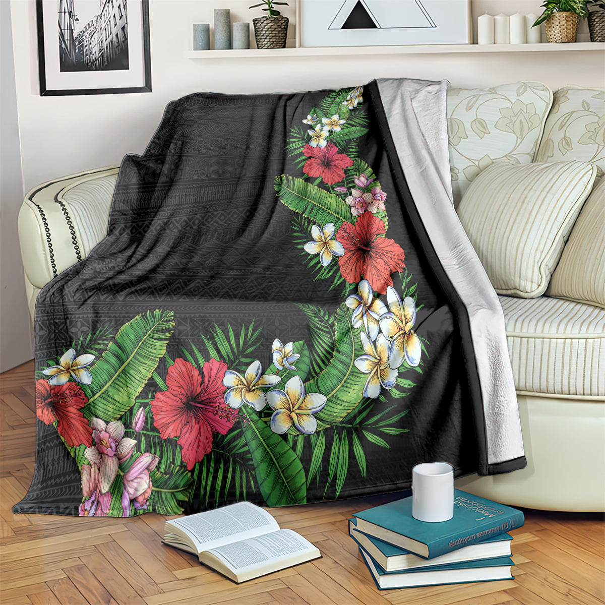 Hawaii Tropical Flowers and Leaves Blanket Tapa Pattern Colorful Mode LT03 Black - Polynesian Pride