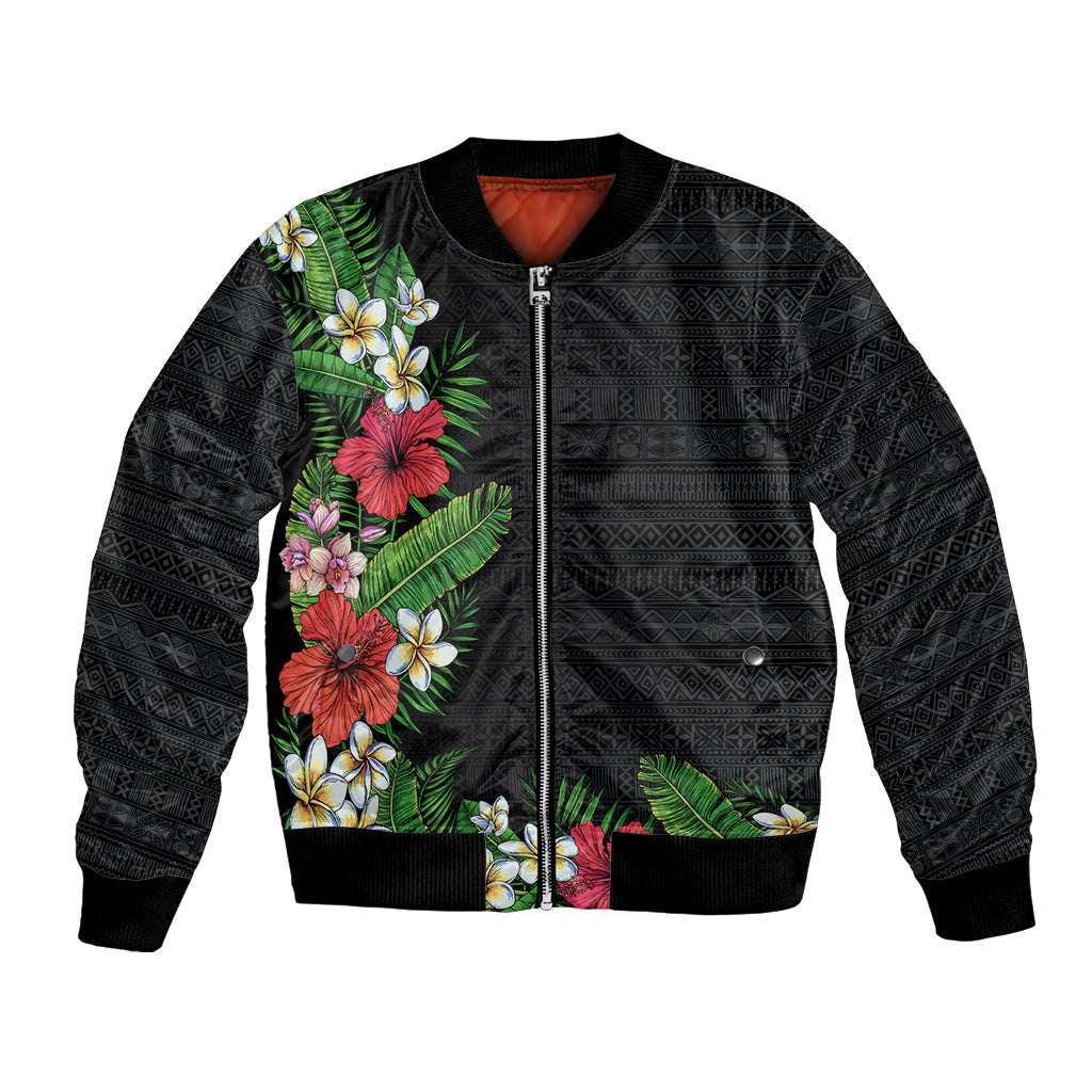 Hawaii Tropical Flowers and Leaves Bomber Jacket Tapa Pattern Colorful Mode LT03 Unisex Black - Polynesian Pride