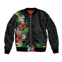 Hawaii Tropical Flowers and Leaves Bomber Jacket Tapa Pattern Colorful Mode LT03 Unisex Black - Polynesian Pride