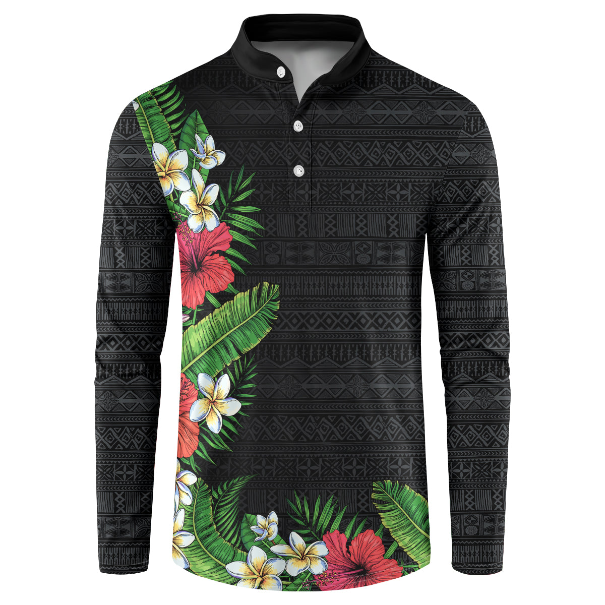 Hawaii Tropical Flowers and Leaves Button Sweatshirt Tapa Pattern Colorful Mode LT03 Black - Polynesian Pride