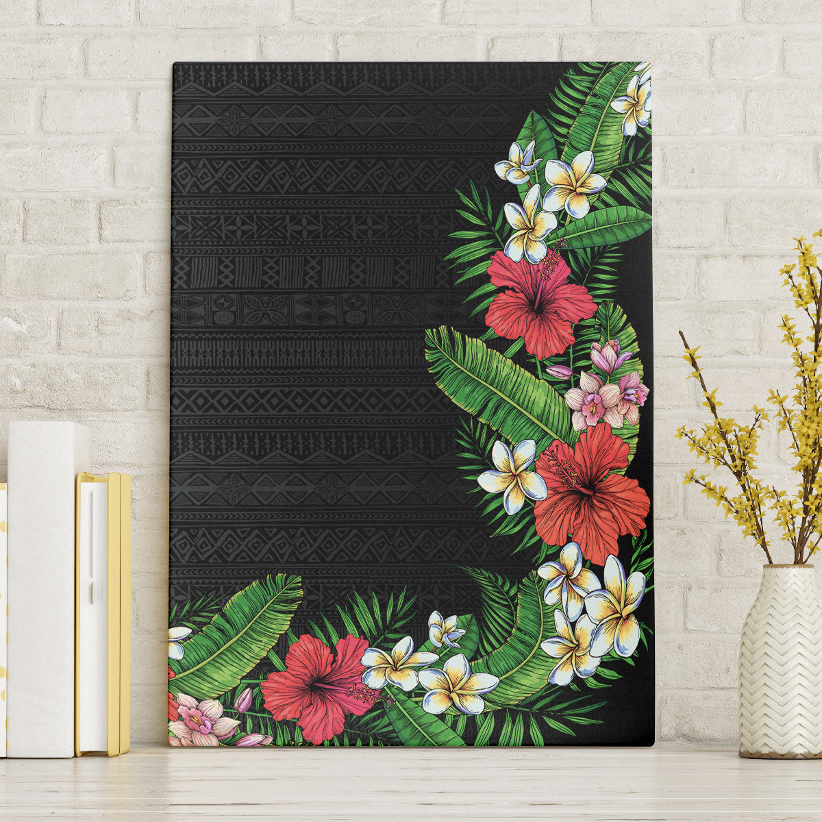 Hawaii Tropical Flowers and Leaves Canvas Wall Art Tapa Pattern Colorful Mode LT03 Without Frame Black - Polynesian Pride