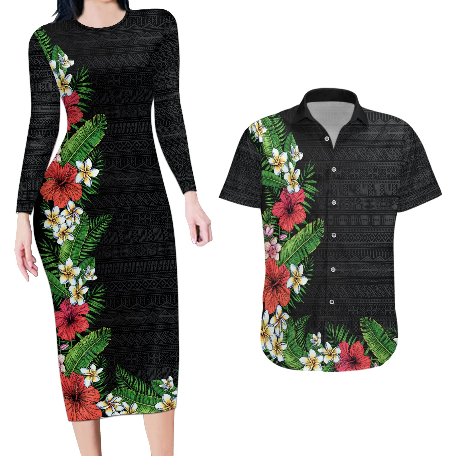 Hawaii Tropical Flowers and Leaves Couples Matching Long Sleeve Bodycon Dress and Hawaiian Shirt Tapa Pattern Colorful Mode LT03 Black - Polynesian Pride