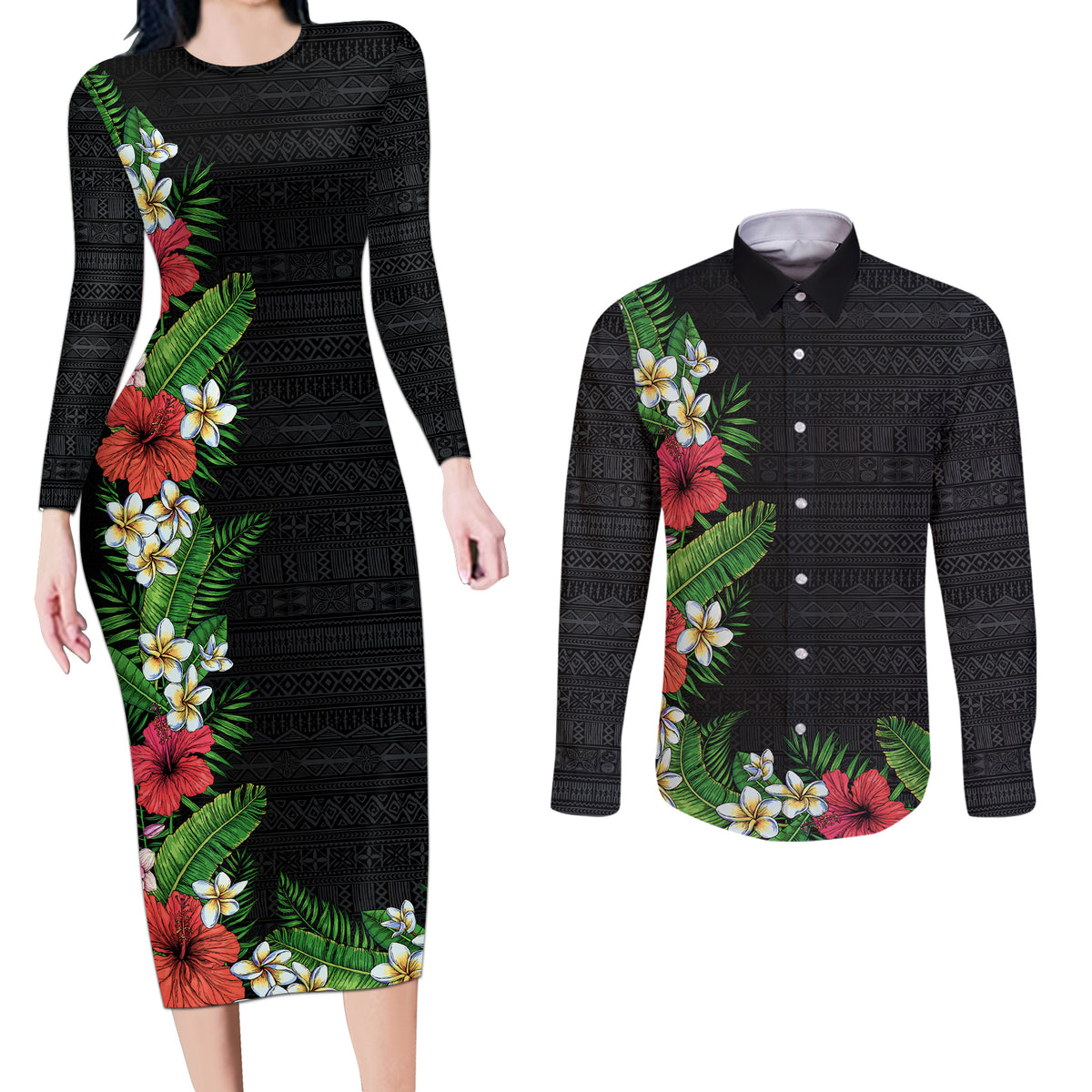 Hawaii Tropical Flowers and Leaves Couples Matching Long Sleeve Bodycon Dress and Long Sleeve Button Shirt Tapa Pattern Colorful Mode LT03 Black - Polynesian Pride
