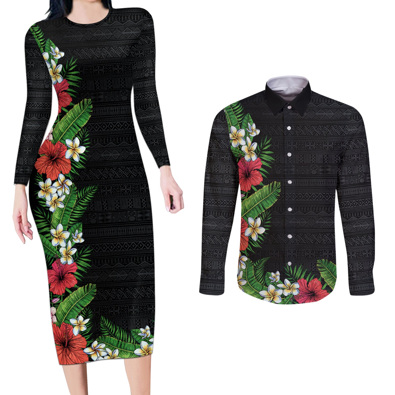 Hawaii Tropical Flowers and Leaves Couples Matching Long Sleeve Bodycon Dress and Long Sleeve Button Shirt Tapa Pattern Colorful Mode LT03 Black - Polynesian Pride