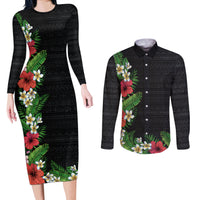 Hawaii Tropical Flowers and Leaves Couples Matching Long Sleeve Bodycon Dress and Long Sleeve Button Shirt Tapa Pattern Colorful Mode LT03 Black - Polynesian Pride