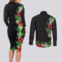 Hawaii Tropical Flowers and Leaves Couples Matching Long Sleeve Bodycon Dress and Long Sleeve Button Shirt Tapa Pattern Colorful Mode LT03 - Polynesian Pride