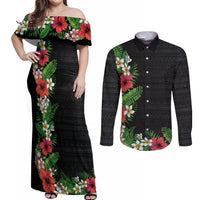Hawaii Tropical Flowers and Leaves Couples Matching Off Shoulder Maxi Dress and Long Sleeve Button Shirt Tapa Pattern Colorful Mode LT03 Black - Polynesian Pride