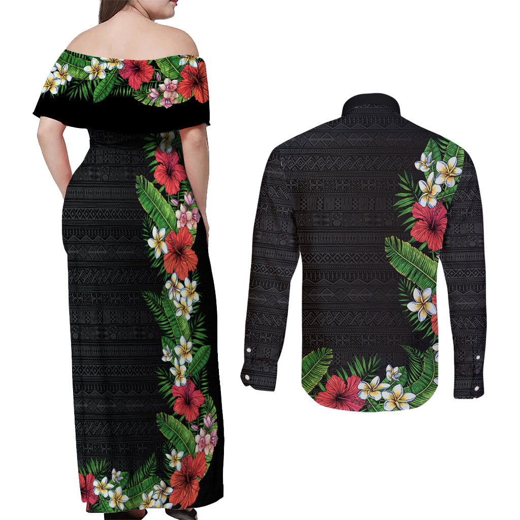 Hawaii Tropical Flowers and Leaves Couples Matching Off Shoulder Maxi Dress and Long Sleeve Button Shirt Tapa Pattern Colorful Mode LT03 - Polynesian Pride