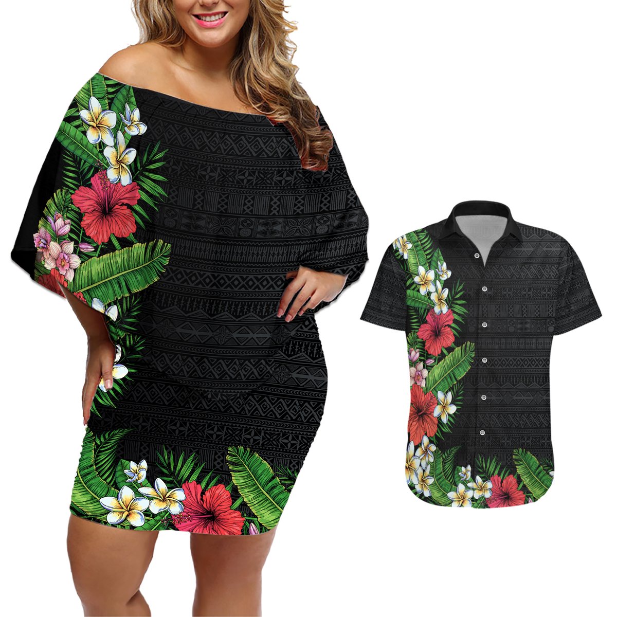 Hawaii Tropical Flowers and Leaves Couples Matching Off Shoulder Short Dress and Hawaiian Shirt Tapa Pattern Colorful Mode LT03 Black - Polynesian Pride