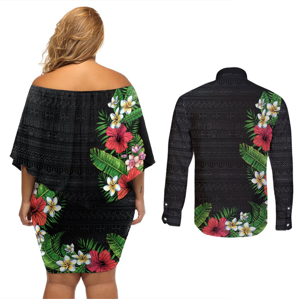 Hawaii Tropical Flowers and Leaves Couples Matching Off Shoulder Short Dress and Long Sleeve Button Shirt Tapa Pattern Colorful Mode