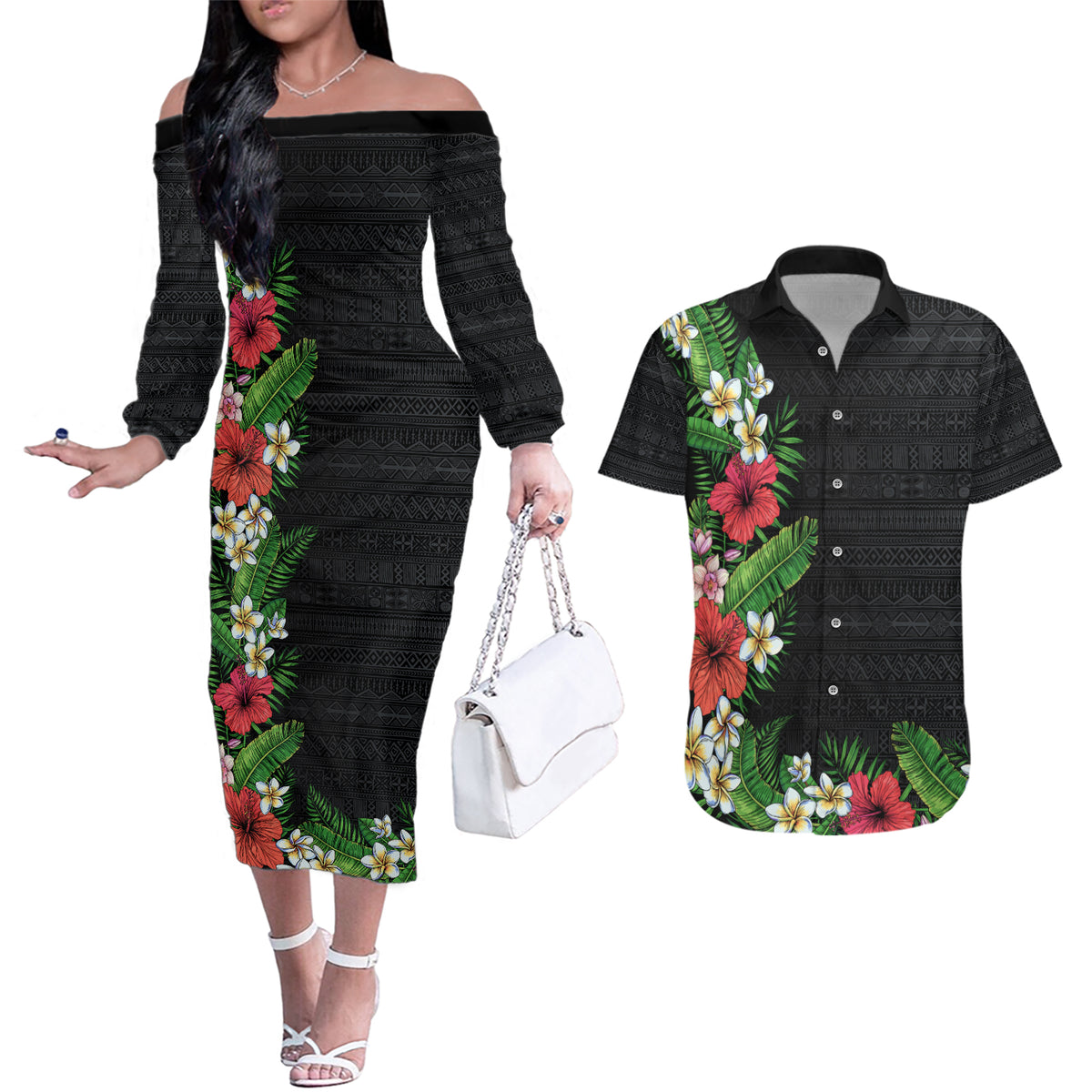 Hawaii Tropical Flowers and Leaves Couples Matching Off The Shoulder Long Sleeve Dress and Hawaiian Shirt Tapa Pattern Colorful Mode