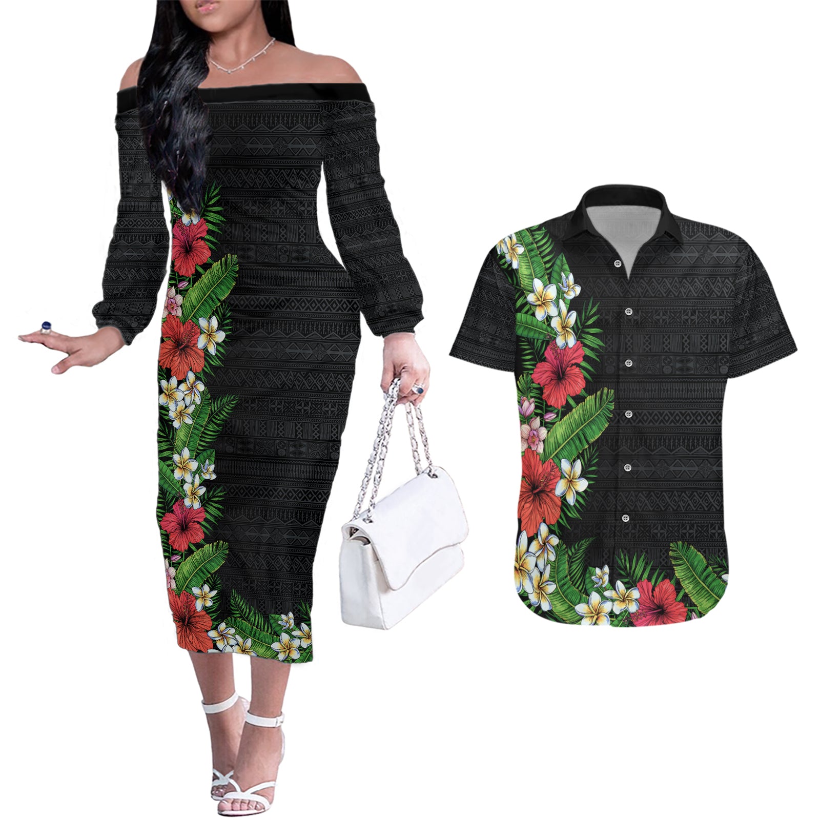 Hawaii Tropical Flowers and Leaves Couples Matching Off The Shoulder Long Sleeve Dress and Hawaiian Shirt Tapa Pattern Colorful Mode LT03 Black - Polynesian Pride