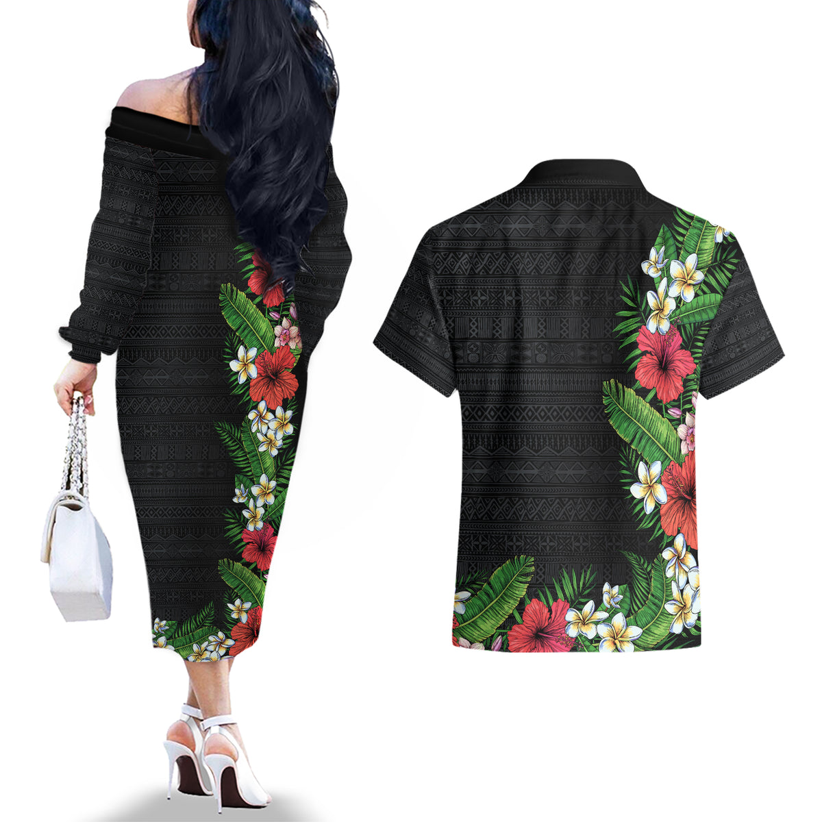 Hawaii Tropical Flowers and Leaves Couples Matching Off The Shoulder Long Sleeve Dress and Hawaiian Shirt Tapa Pattern Colorful Mode