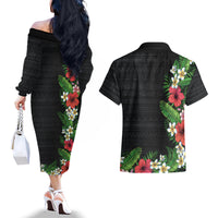 Hawaii Tropical Flowers and Leaves Couples Matching Off The Shoulder Long Sleeve Dress and Hawaiian Shirt Tapa Pattern Colorful Mode