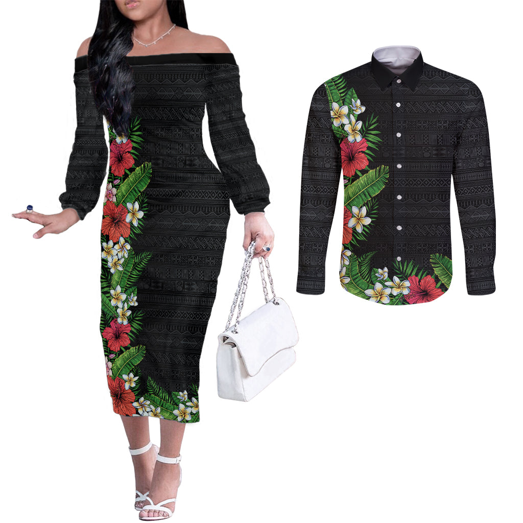 Hawaii Tropical Flowers and Leaves Couples Matching Off The Shoulder Long Sleeve Dress and Long Sleeve Button Shirt Tapa Pattern Colorful Mode LT03 Black - Polynesian Pride