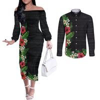 Hawaii Tropical Flowers and Leaves Couples Matching Off The Shoulder Long Sleeve Dress and Long Sleeve Button Shirt Tapa Pattern Colorful Mode LT03 Black - Polynesian Pride