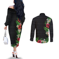 Hawaii Tropical Flowers and Leaves Couples Matching Off The Shoulder Long Sleeve Dress and Long Sleeve Button Shirt Tapa Pattern Colorful Mode LT03 - Polynesian Pride