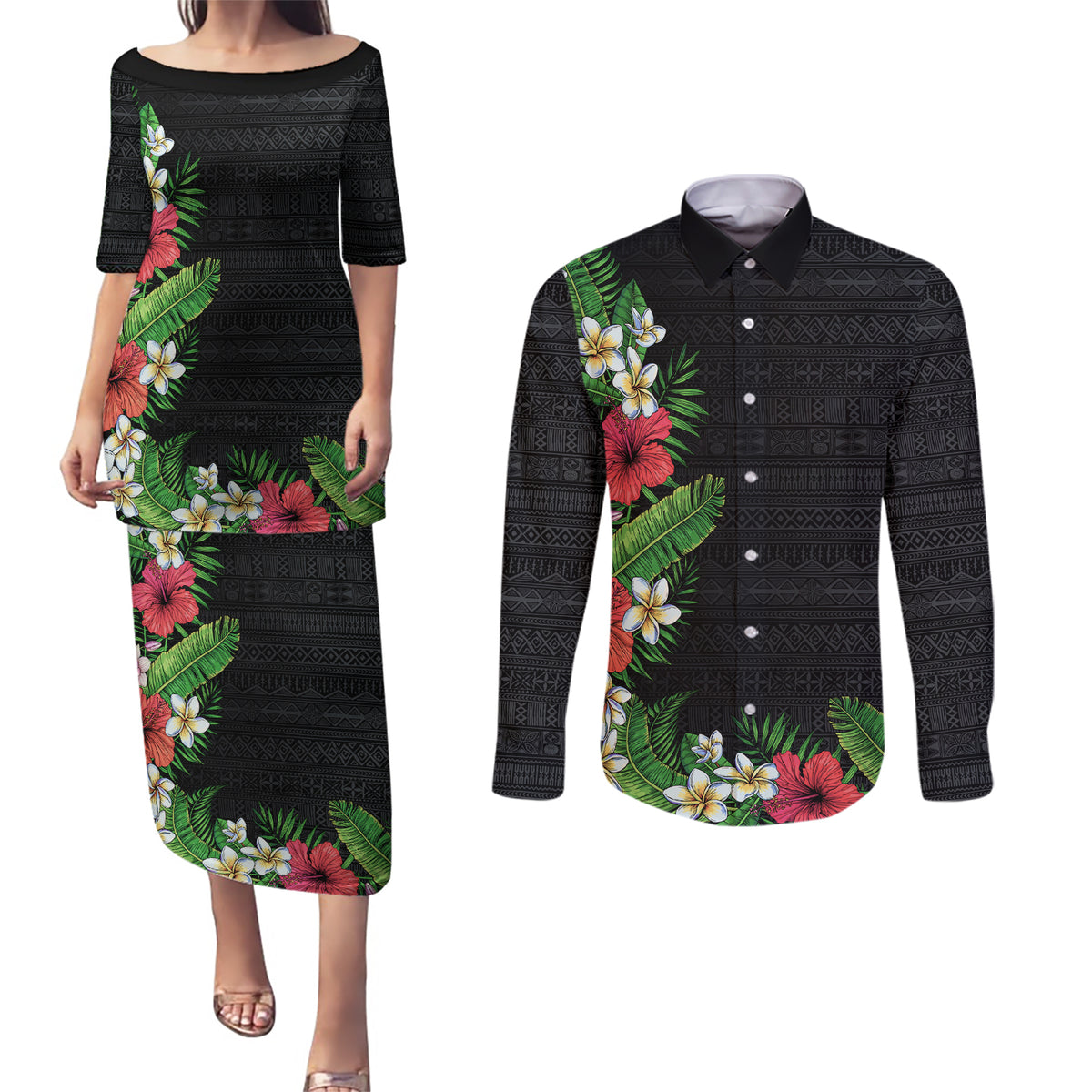Hawaii Tropical Flowers and Leaves Couples Matching Puletasi and Long Sleeve Button Shirt Tapa Pattern Colorful Mode LT03 Black - Polynesian Pride