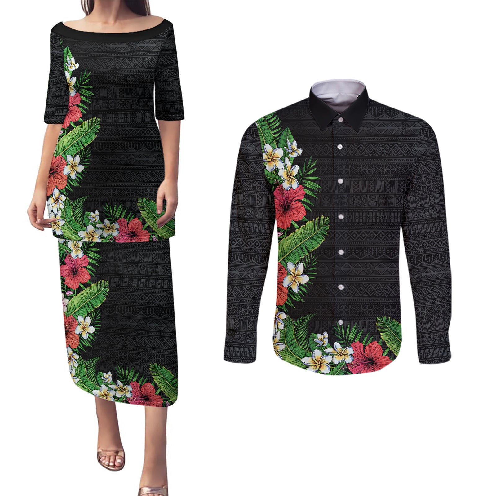 Hawaii Tropical Flowers and Leaves Couples Matching Puletasi and Long Sleeve Button Shirt Tapa Pattern Colorful Mode LT03 Black - Polynesian Pride