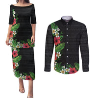 Hawaii Tropical Flowers and Leaves Couples Matching Puletasi and Long Sleeve Button Shirt Tapa Pattern Colorful Mode LT03 Black - Polynesian Pride
