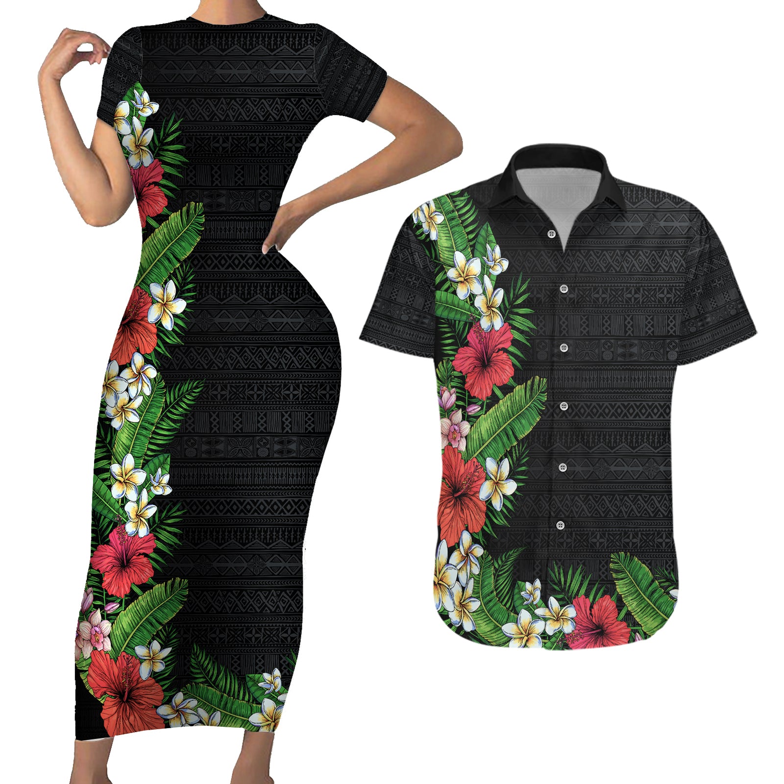 Hawaii Tropical Flowers and Leaves Couples Matching Short Sleeve Bodycon Dress and Hawaiian Shirt Tapa Pattern Colorful Mode LT03 Black - Polynesian Pride