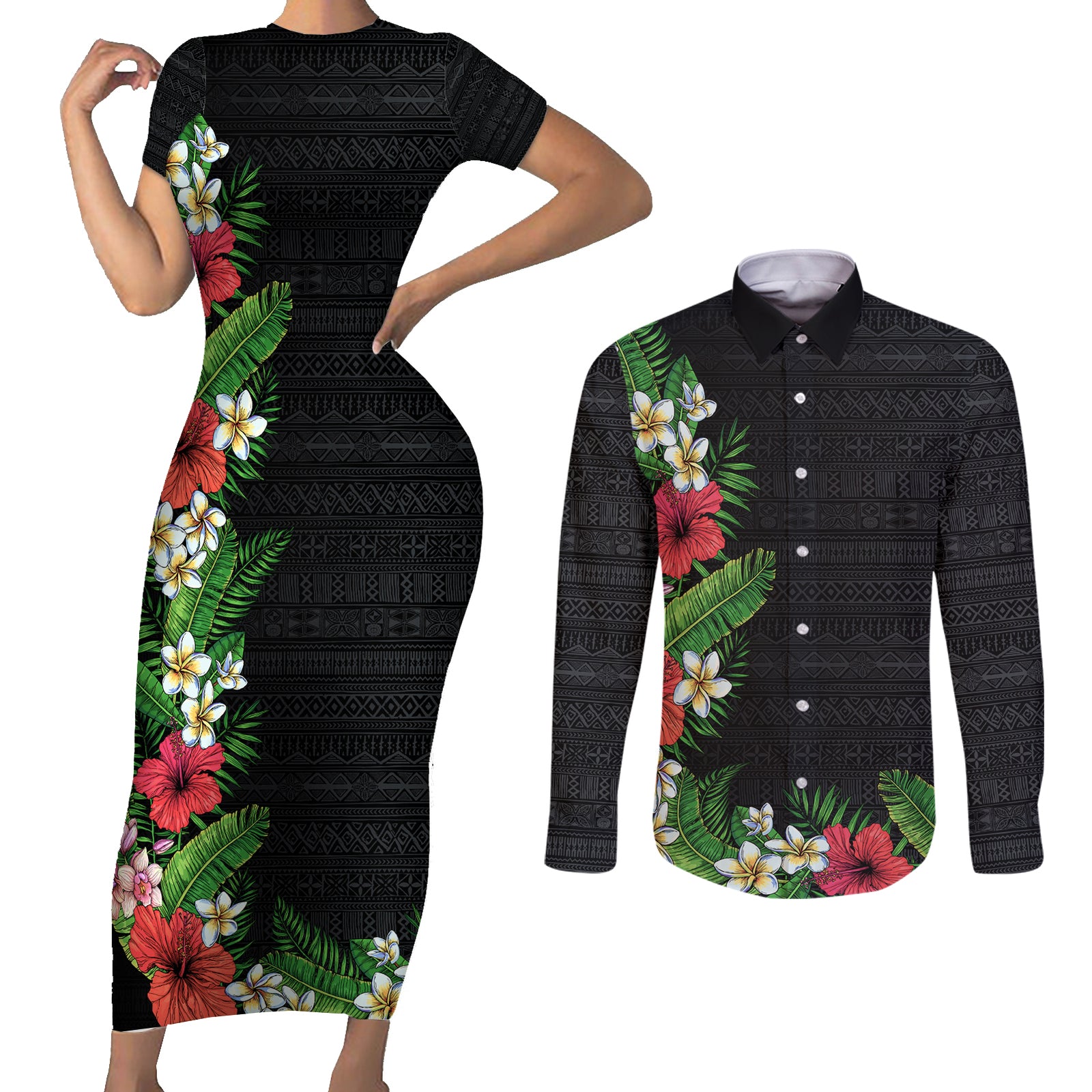 Hawaii Tropical Flowers and Leaves Couples Matching Short Sleeve Bodycon Dress and Long Sleeve Button Shirt Tapa Pattern Colorful Mode LT03 Black - Polynesian Pride