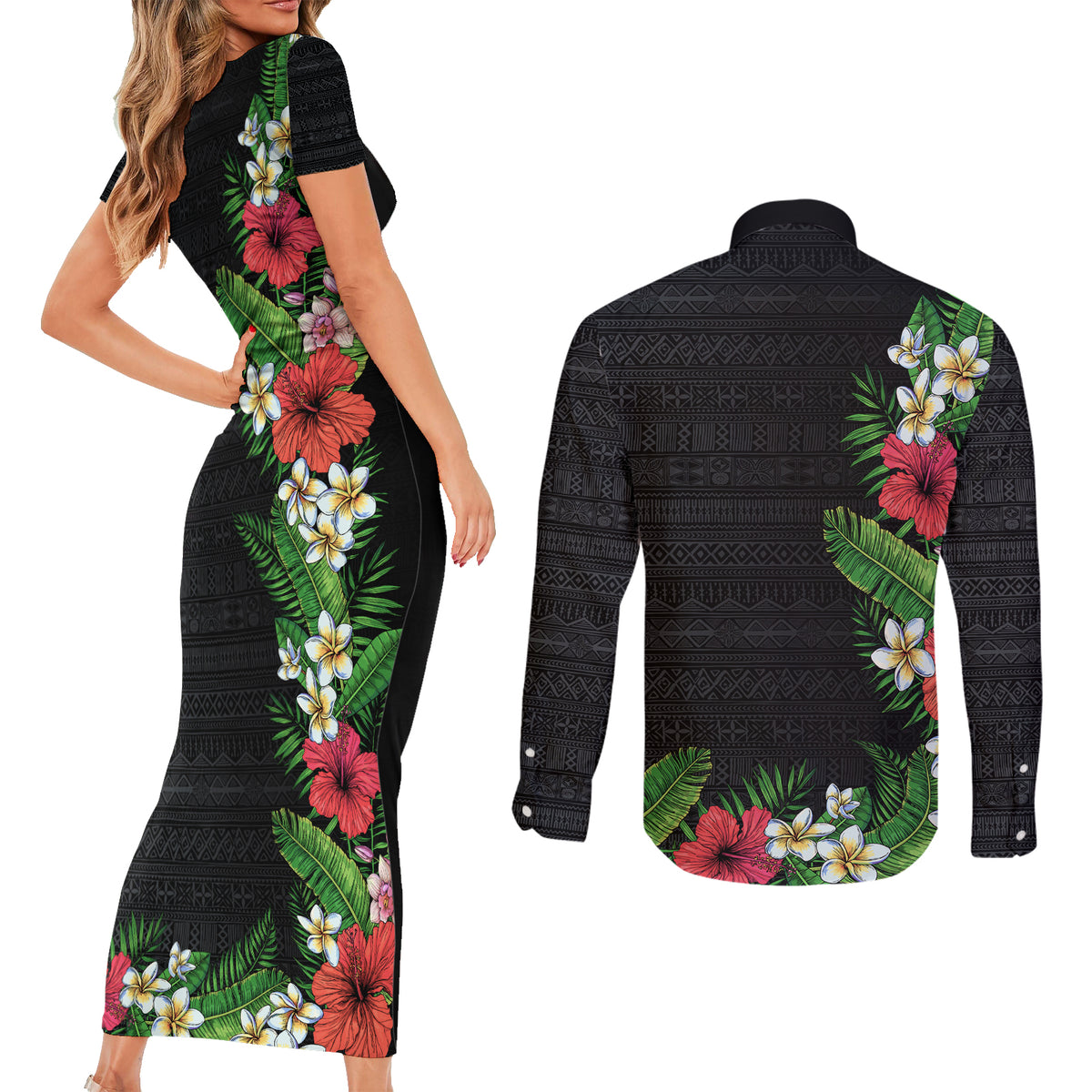 Hawaii Tropical Flowers and Leaves Couples Matching Short Sleeve Bodycon Dress and Long Sleeve Button Shirt Tapa Pattern Colorful Mode LT03 - Polynesian Pride