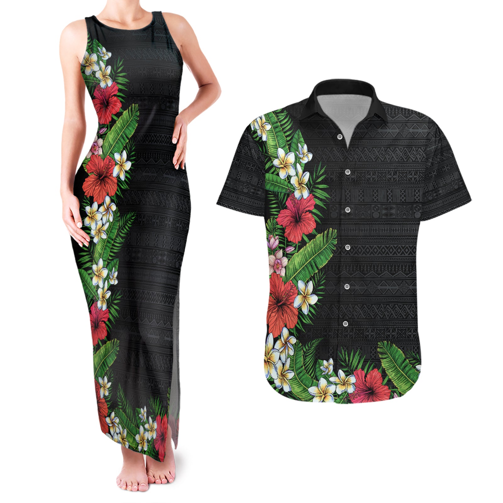 Hawaii Tropical Flowers and Leaves Couples Matching Tank Maxi Dress and Hawaiian Shirt Tapa Pattern Colorful Mode LT03 Black - Polynesian Pride