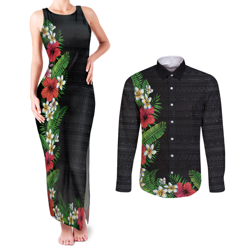 Hawaii Tropical Flowers and Leaves Couples Matching Tank Maxi Dress and Long Sleeve Button Shirt Tapa Pattern Colorful Mode LT03 Black - Polynesian Pride