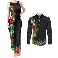 Hawaii Tropical Flowers and Leaves Couples Matching Tank Maxi Dress and Long Sleeve Button Shirt Tapa Pattern Colorful Mode LT03 Black - Polynesian Pride