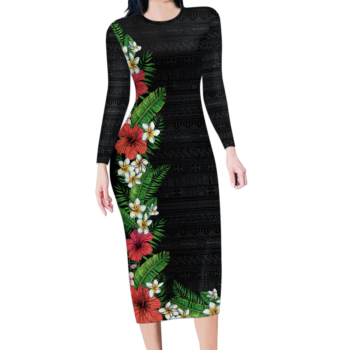 Hawaii Tropical Flowers and Leaves Family Matching Long Sleeve Bodycon Dress and Hawaiian Shirt Tapa Pattern Colorful Mode