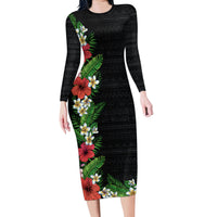 Hawaii Tropical Flowers and Leaves Family Matching Long Sleeve Bodycon Dress and Hawaiian Shirt Tapa Pattern Colorful Mode