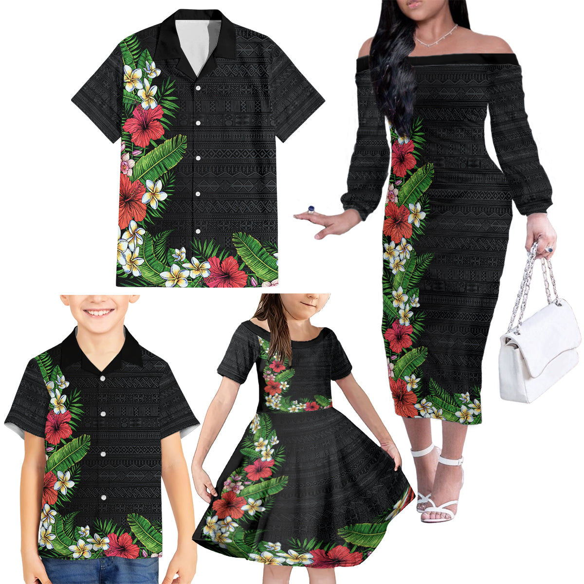 Hawaii Tropical Flowers and Leaves Family Matching Off The Shoulder Long Sleeve Dress and Hawaiian Shirt Tapa Pattern Colorful Mode