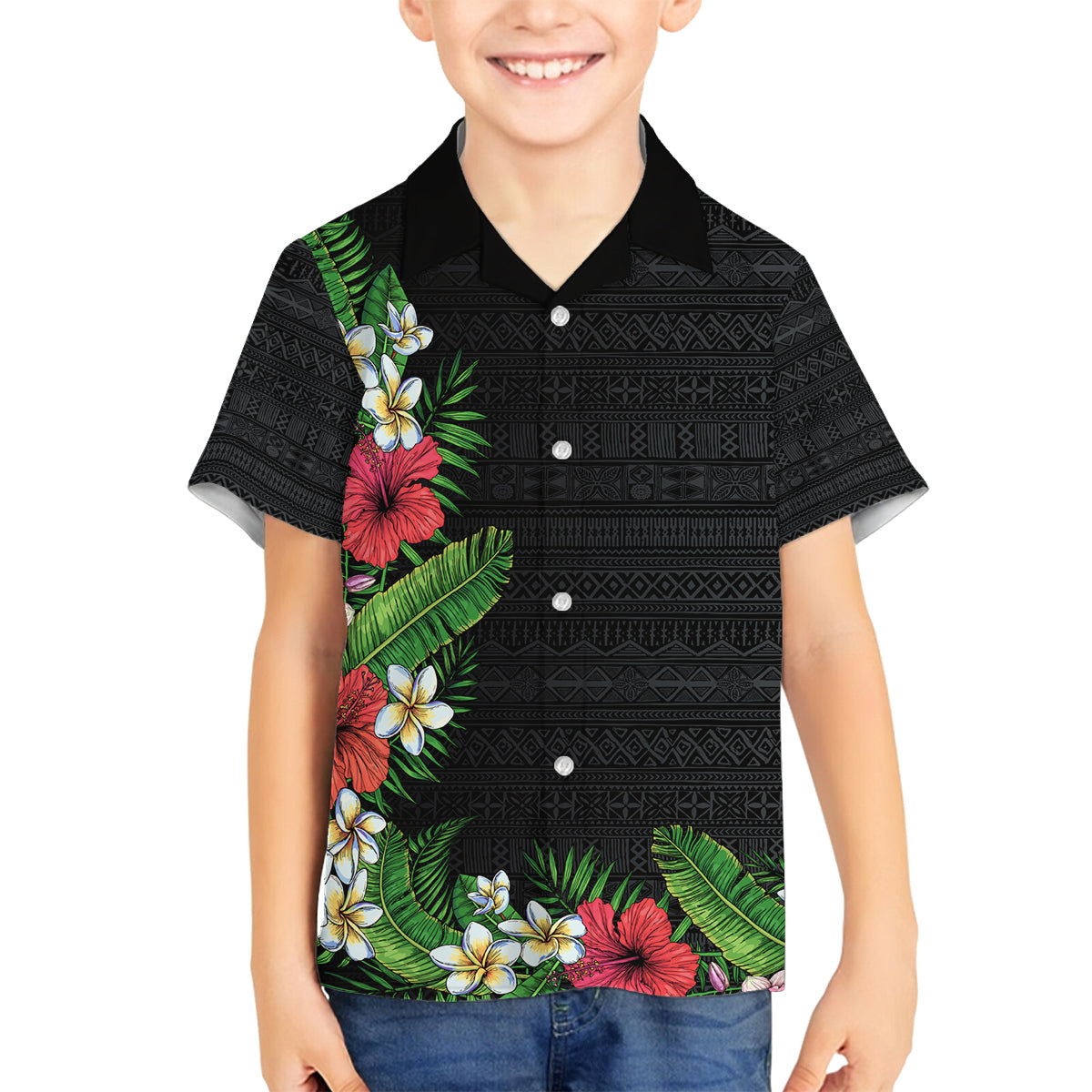 Hawaii Tropical Flowers and Leaves Family Matching Off The Shoulder Long Sleeve Dress and Hawaiian Shirt Tapa Pattern Colorful Mode